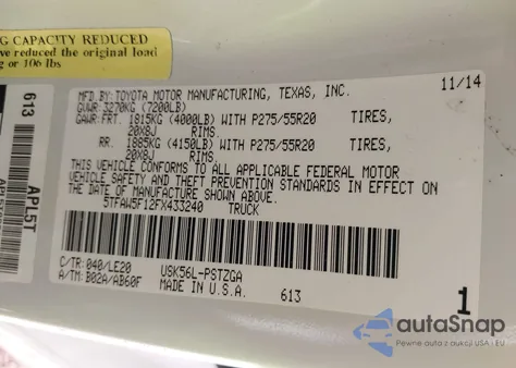 2015 Toyota Tundra Platinum 5.7L V8 z USA, uszkodzony, nr VIN 5TFAW5F12FX433240